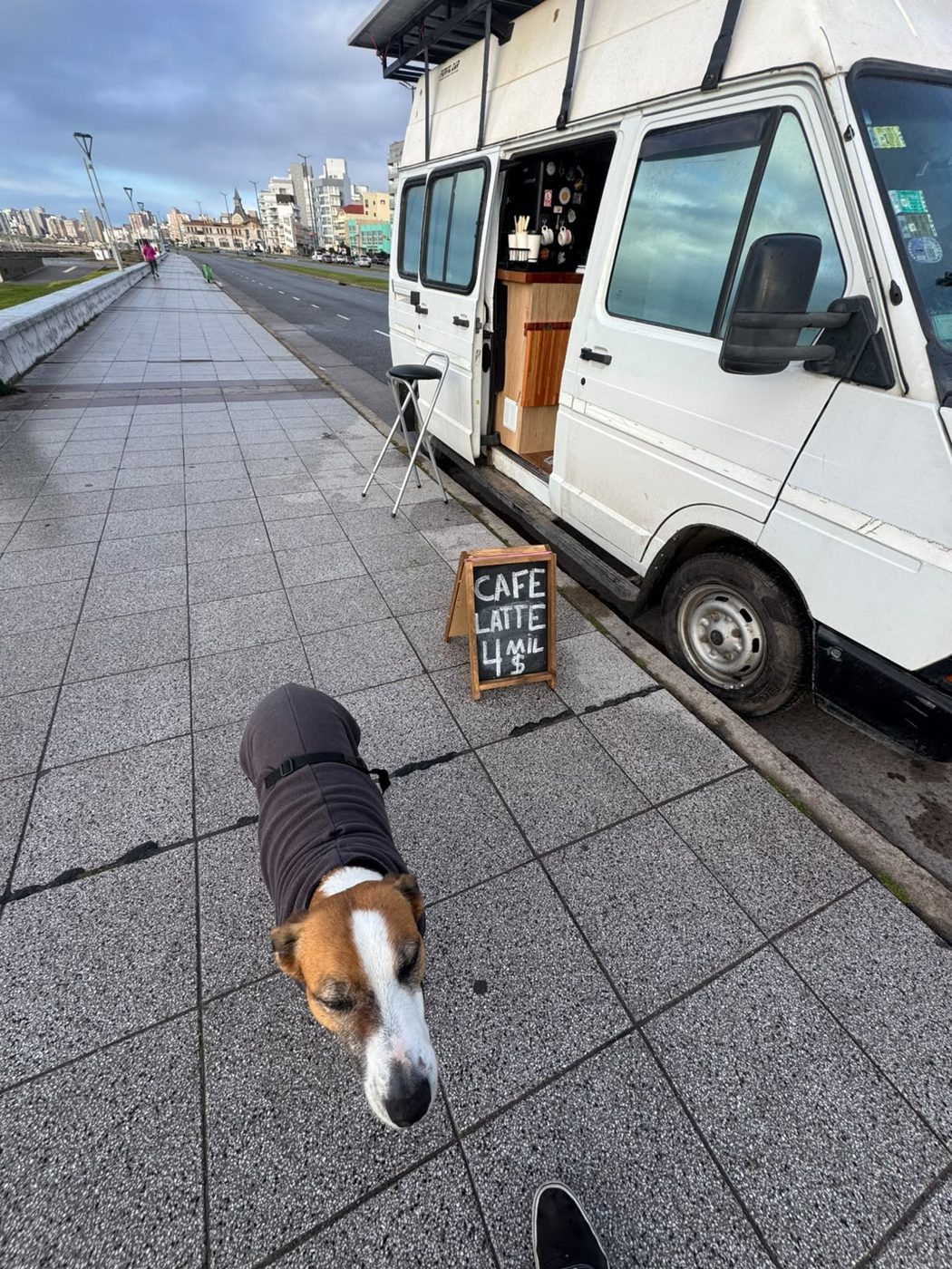 La van de Sal y Café abierta sobre la rambla de Mar del Plata, con la pizarra de precios y Uma en primer plano